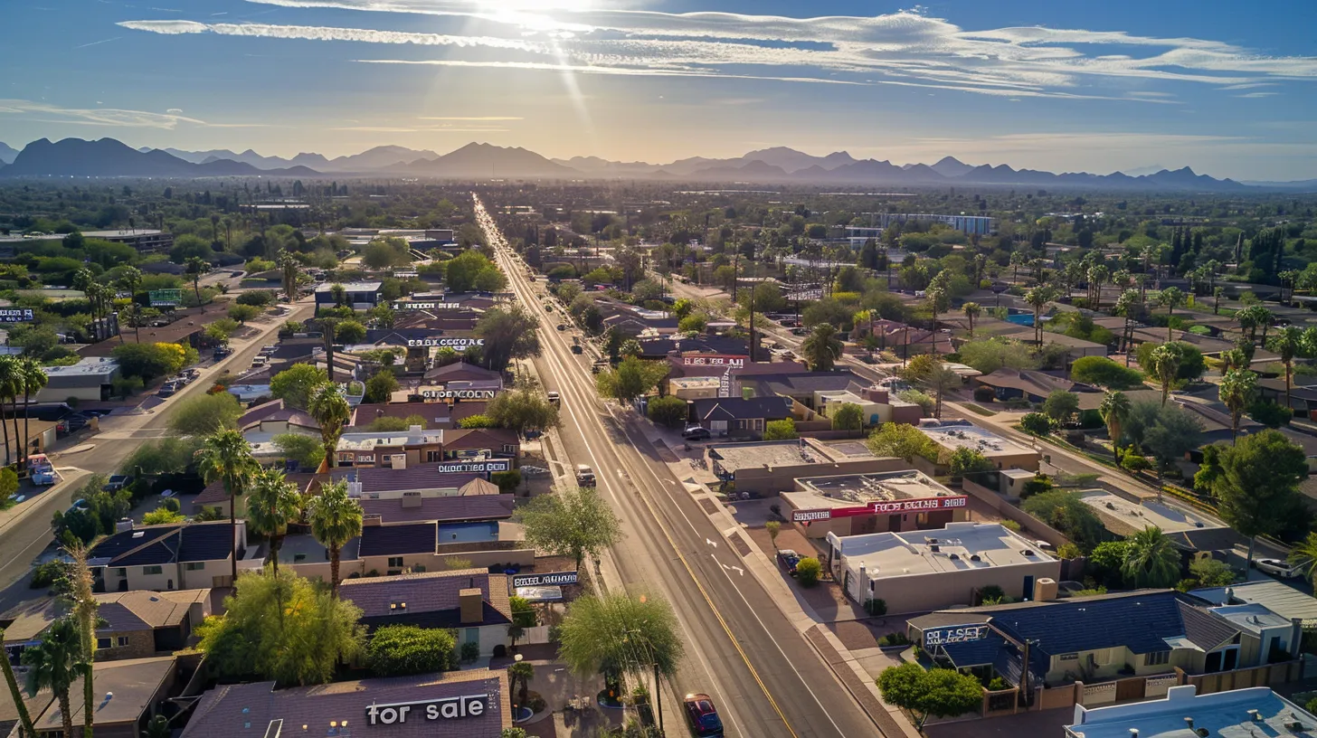 a captivating overhead view of a bustling phoenix neighborhood adorned with a captivating overhead view of a bustling phoenix neighborhood adorned with