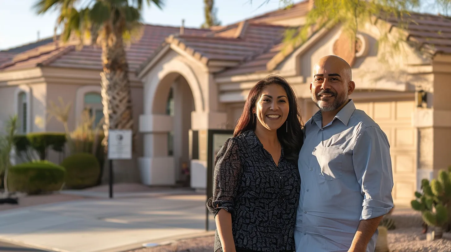 a confident real estate agent stands beside a happy cash buyer in a sunlit phoenix setting, with a beautifully staged home in the background, symbolizing the successful finalization of a smooth cash sale. a confident real estate agent stands beside a happy cash buyer in a sunlit phoenix setting, with a beautifully staged home in the background, symbolizing the successful finalization of a smooth cash sale.