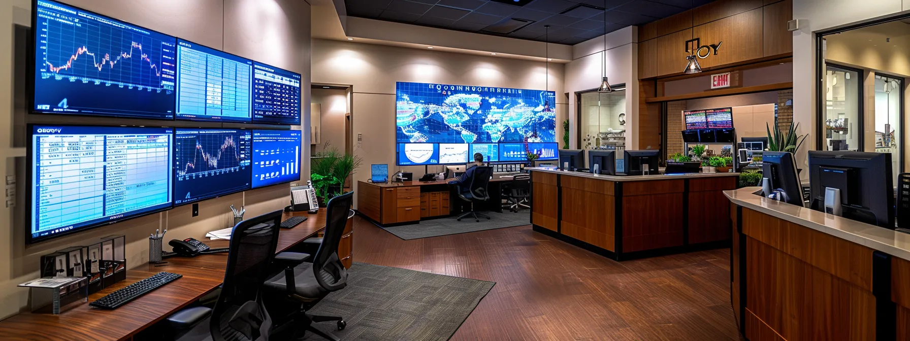 a bustling urban real estate office in mesa, featuring a sleek conference room with large digital screens displaying graphs and charts that highlight current cash home buying trends, while professionals engage in focused discussions over market analysis.