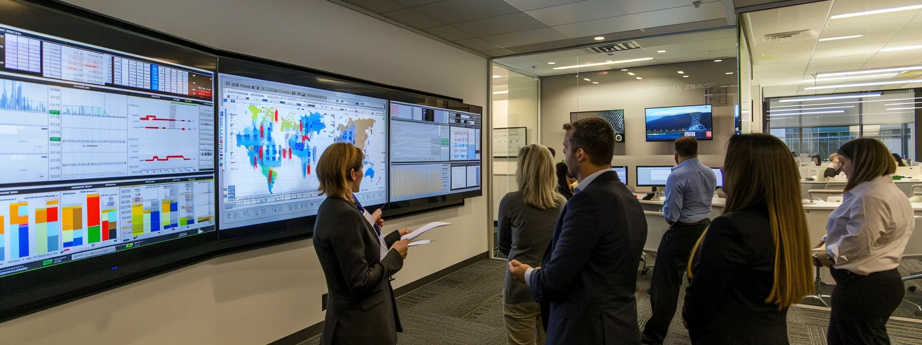 a professional, modern office setting features a diverse group of engaged individuals discussing the intricacies of cash home buying, with a clear focus on charts and documents illustrating sales comparisons and timelines displayed on sleek digital screens.