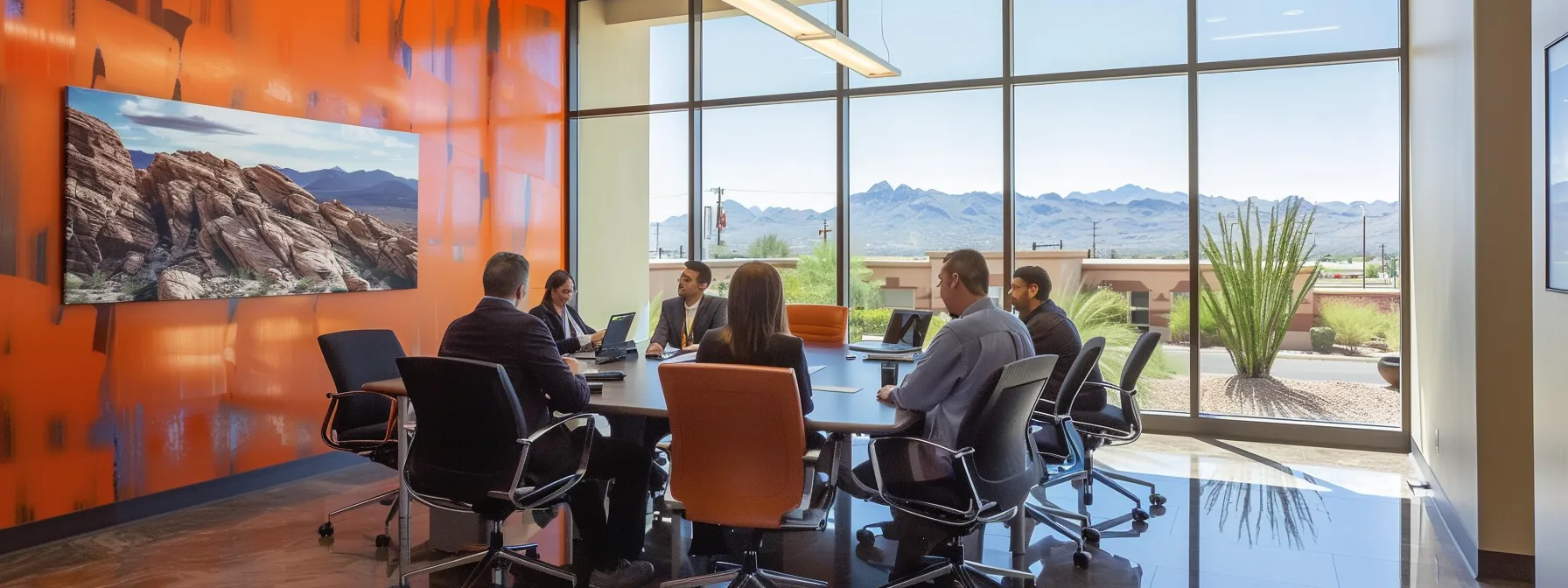 a vibrant mesa real estate office, bustling with activity as cash home buyers discuss swift transactions over a sleek conference table, surrounded by modern urban decor and illuminated by warm, inviting lighting.